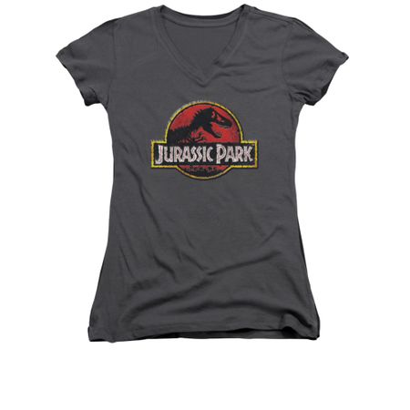 Jurassic Park Shirt Juniors V Neck Stone Logo Charcoal Tee T-Shirt