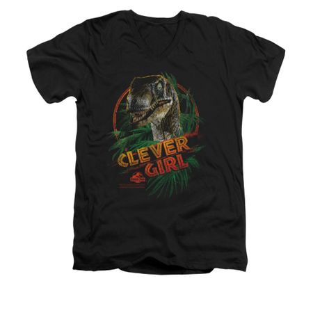 Jurassic Park Shirt Slim Fit V Neck Clever Girl Black Tee T-Shirt