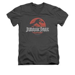 Jurassic Park Shirt Slim Fit V Neck Faded Logo Charcoal Tee T-Shirt Jurassic Park Shirt Slim Fit V Neck Faded Logo Charcoal Tee T-Shirt
