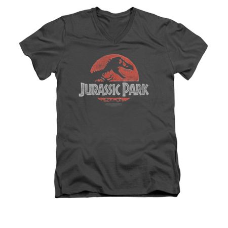 Jurassic Park Shirt Slim Fit V Neck Faded Logo Charcoal Tee T-Shirt