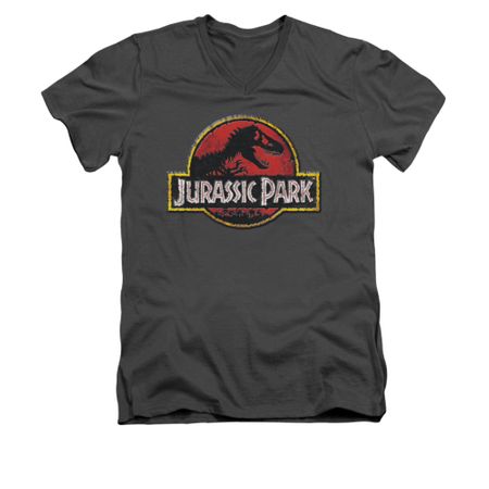 Jurassic Park Shirt Slim Fit V Neck Stone Logo Charcoal Tee T-Shirt