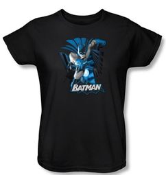 Justice League Ladies Shirt Batman Blue and Gray Superheroes Black Tee