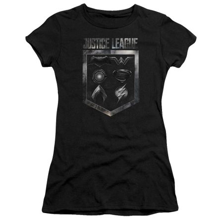 Justice League Movie Juniors Shirt Shield of Emblems Black T-Shirt