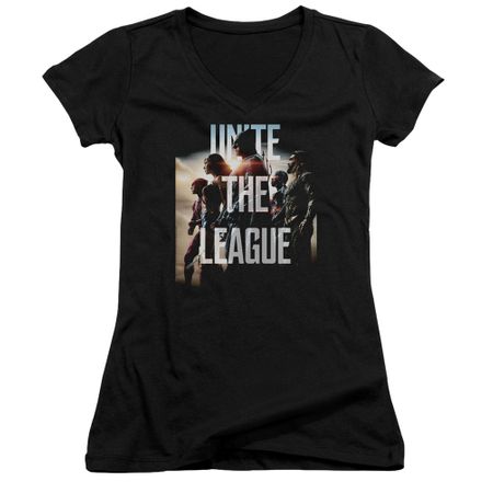 Justice League Movie Juniors V Neck Dawn Unite the League Black Shirt