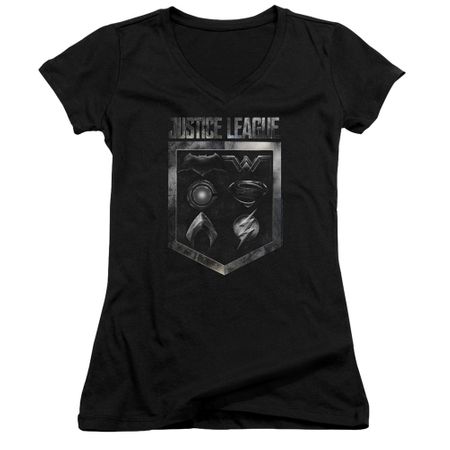Justice League Movie Juniors V Neck Shield of Emblems Black T-Shirt