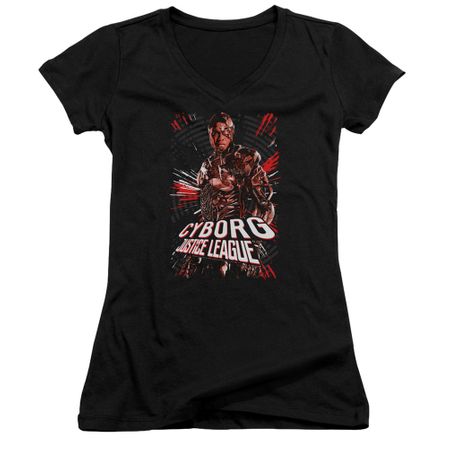 Justice League Movie Juniors V Neck Shirt Cyborg Profile Black T-Shirt