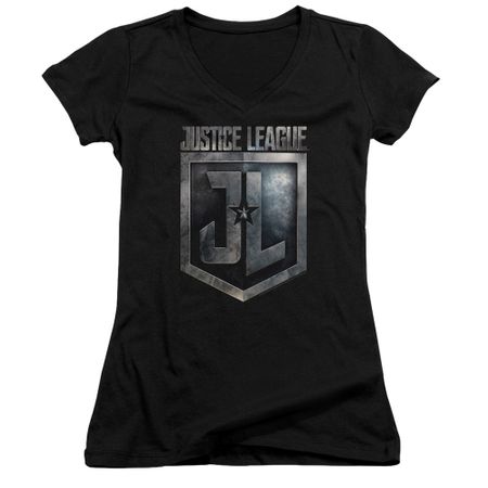 Justice League Movie Juniors V Neck Shirt Shield Logo Black T-Shirt