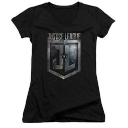 Justice League Movie Juniors V Neck Shirt Shield Logo Black T-Shirt Justice League Movie Juniors V Neck Shirt Shield Logo Black T-Shirt