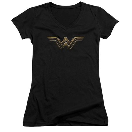 Justice League Movie Juniors V Neck Wonder Woman Logo Black Shirt