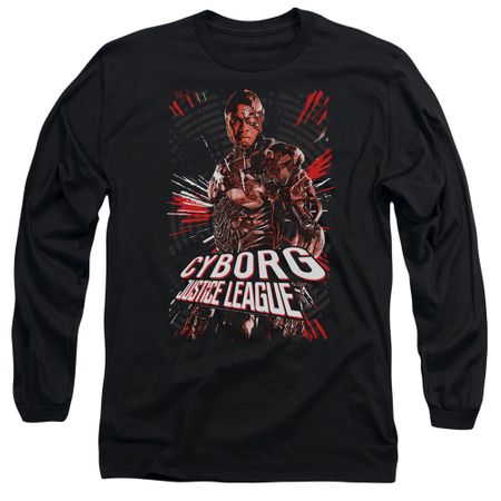 Justice League Movie Long Sleeve Cyborg Profile Black Tee T-Shirt