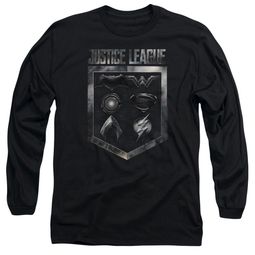 Justice League Movie Long Sleeve Shield of Emblems Black Tee T-Shirt Justice League Movie Long Sleeve Shield of Emblems Black Tee T-Shirt