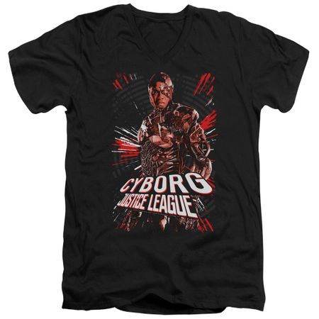 Justice League Movie Slim Fit V-Neck Cyborg Profile Black T-Shirt