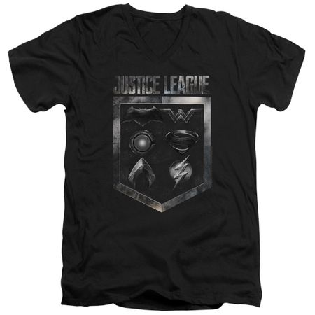 Justice League Movie Slim Fit V-Neck Shield of Emblems Black T-Shirt