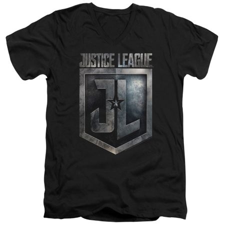 Justice League Movie Slim Fit V-Neck Shirt Shield Logo Black T-Shirt