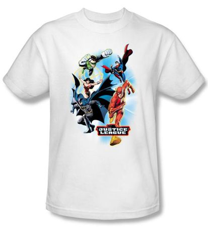 Justice League Superheroes T-shirt - At Your Service Adult White Tee