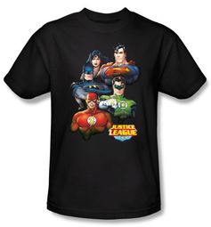 Justice League Superheroes T-shirt - Group Portrait Adult Black Tee