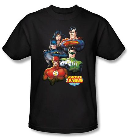 Justice League Superheroes T-shirt - Group Portrait Adult Black Tee