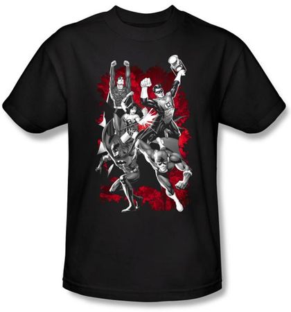 Justice League Superheroes T-shirt - JLA Explosion Adult Black Tee