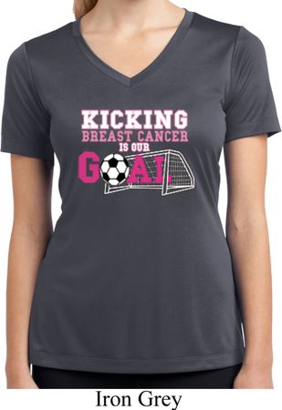 Kicking Breast Cancer is Our Goal Ladies Moisture Wicking V-neck Shirt