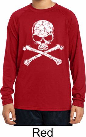 Kids White Distressed Skull Dry Wicking Long Sleeve Shirt