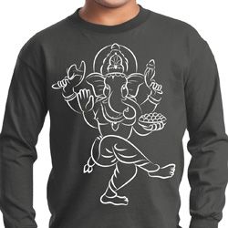 Kids Yoga Tee Sketch Ganesha White Print Youth Long Sleeve