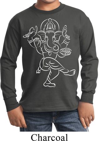 Kids Yoga Tee Sketch Ganesha White Print Youth Long Sleeve