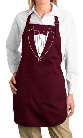 Ladies Apron Basic White Tuxedo Full Length Apron with Pockets