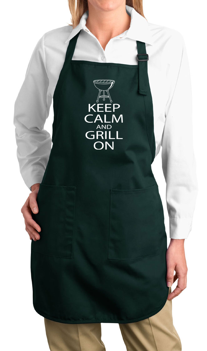 Ladies Apron White Keep Calm Grill On Full Length Apron with Pockets