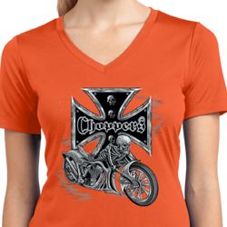 Ladies Biker Shirt Chopper Cross Skeleton Moisture Wicking V-neck Tee