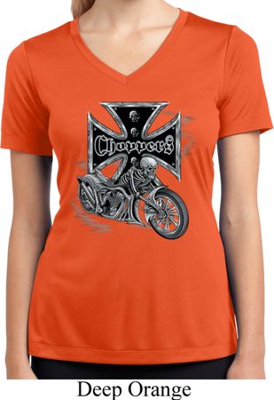 Ladies Biker Shirt Chopper Cross Skeleton Moisture Wicking V-neck Tee
