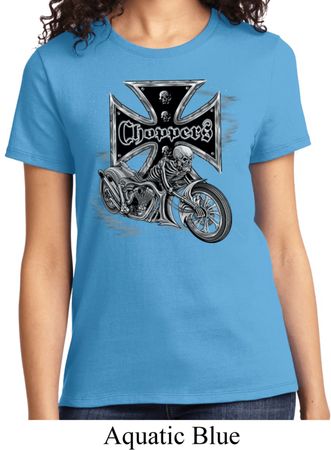 Ladies Biker Shirt Chopper Cross Skeleton Tee T-Shirt