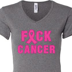 Ladies Breast Cancer Awareness Shirt F*CK Cancer V-neck Tee T-Shirt