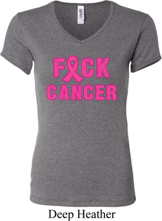 Ladies Breast Cancer Awareness Shirt F*CK Cancer V-neck Tee T-Shirt