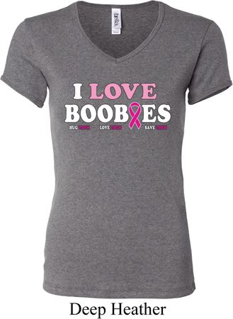 Ladies Breast Cancer Awareness Shirt I Love Boobies V-neck Tee T-Shirt