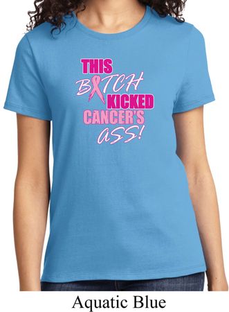 Ladies Breast Cancer Awareness Shirt Kicked Cancers Ass Tee T-Shirt