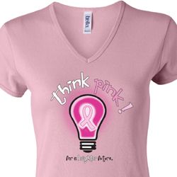 Ladies Breast Cancer Awareness Shirt Think Pink V-neck Tee T-Shirt