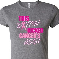 Ladies Breast Cancer Shirt Kicked Cancers Ass Crewneck Tee T-Shirt