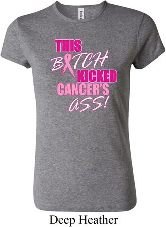 Ladies Breast Cancer Shirt Kicked Cancers Ass Crewneck Tee T-Shirt