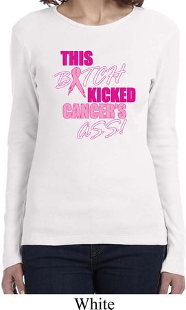 Ladies Breast Cancer Shirt Kicked Cancers Ass Long Sleeve Tee T-Shirt