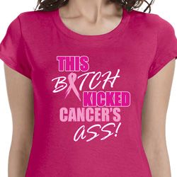 Ladies Breast Cancer Shirt Kicked Cancers Ass Longer Length Tee