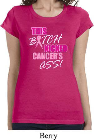 Ladies Breast Cancer Shirt Kicked Cancers Ass Longer Length Tee