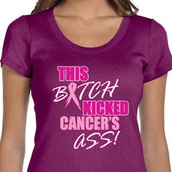 Ladies Breast Cancer Shirt Kicked Cancers Ass Scoop Neck Tee T-Shirt
