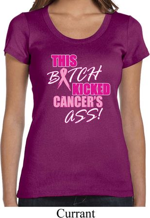 Ladies Breast Cancer Shirt Kicked Cancers Ass Scoop Neck Tee T-Shirt
