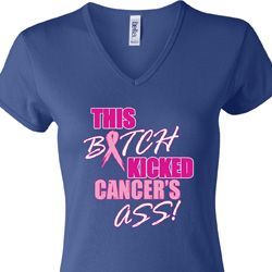 Ladies Breast Cancer Shirt Kicked Cancers Ass V-neck Tee T-Shirt