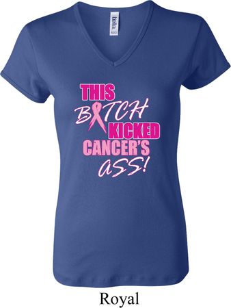 Ladies Breast Cancer Shirt Kicked Cancers Ass V-neck Tee T-Shirt