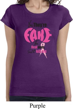 Ladies Breast Cancer Shirt Yes, They're Fake Longer Length Tee