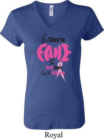 Ladies Breast Cancer Shirt Yes, They're Fake V-neck Tee T-Shirt