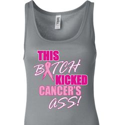 Ladies Breast Cancer Tanktop Kicked Cancers Ass Longer Length Tank Top