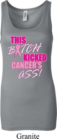 Ladies Breast Cancer Tanktop Kicked Cancers Ass Longer Length Tank Top