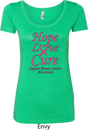 Ladies Breast Cancer Tee Hope Love Cure Scoop Neck